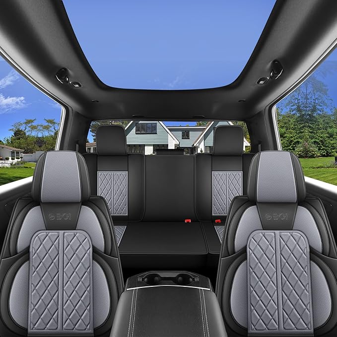 Car Seat Cover Custom Fit for Dodge Ram 1500 2500 3500 2002-2026 Faux Leather Seat Cover Set Compatible with Crew Quad Regular Cab Pickup Truck Cushions (Black & Grey, Full Set, Flat Rear)