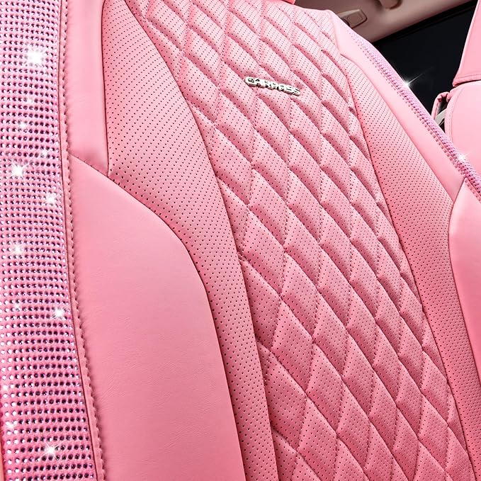 CAR PASS Pink Nappa Leather Car Seat Covers for Full Seats, Bling Diamond Waterproof Seat Protectior Universal Fit Auto SUV Sedan Truck Glitter Sparkly Shining Rhinestone for Women Girl, Pink Leather