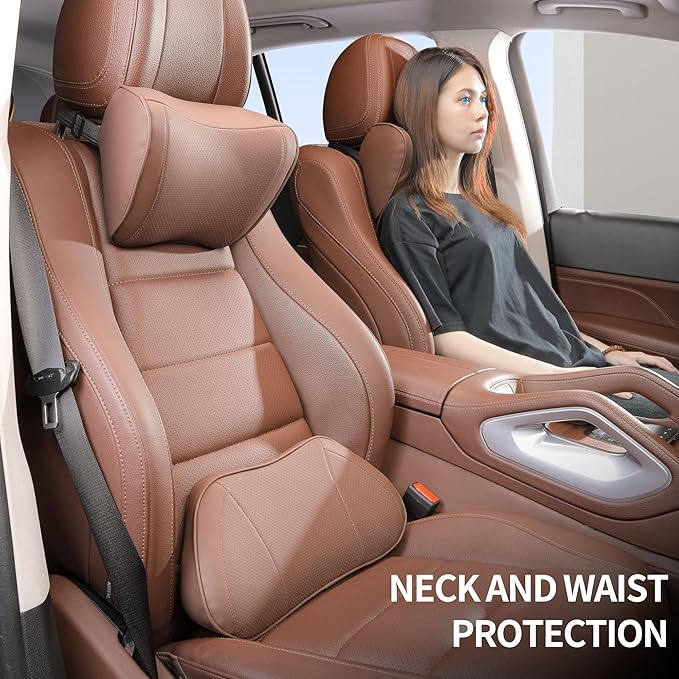 Lumbar Support Pillow for Car, Premium Leather Memory Foam Lumbar Cushion for Lower Back Pain Relief, Universal Back Support for Driving, Home & Office Chairs, Brown, 1 Pack