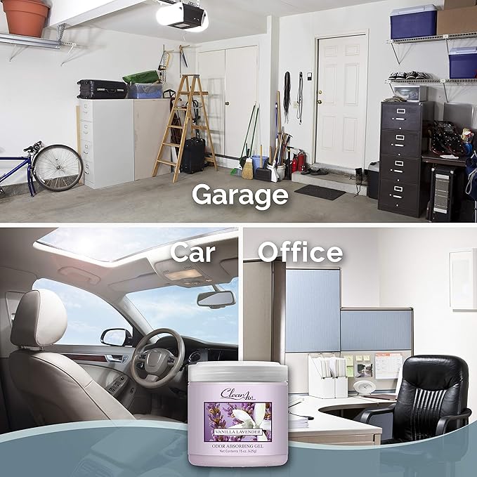 Clear Air 15oz Gel Odor Eliminator - Absorb & Remove Strong Odors from Pets, in Bathrooms, Basements, Garage, Cars, RVs & Boats - Eliminate Tough Odors with Essential Oils (Vanilla Lavender, 2-Pack)