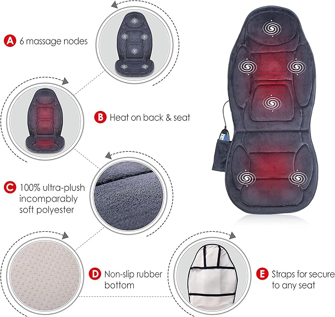 Snailax Back Massager with Heat, Vibration Massage Seat Cushion with 6 Vibrating Motors and 2 Heat Levels, Massage Chair Pad for Home Office use, Gifts for Him Her