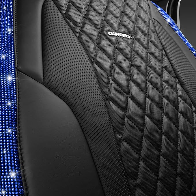 CAR PASS Nappa Leather seat Covers Bling Diamond Car Seat Covers Full Set Universal Cushioned, Waterproof Heavy-Duty Anti-Slip Luxury, Fit for SUV Sedan,Sparkly Glitter Women Crystal Blue Rhinestone