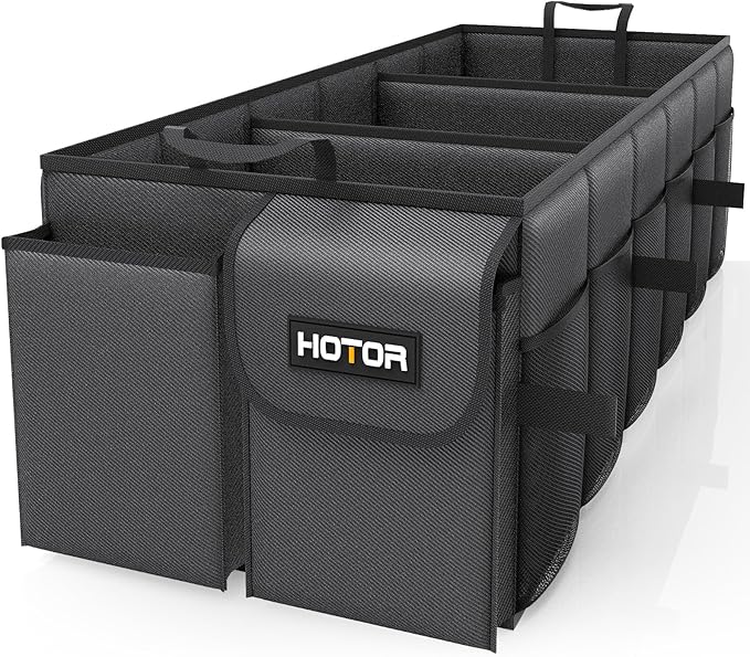HOTOR Foldable Trunk Organizer - SUV & Sedan Compatible, 3 Compartment, Black, 31.9"×12.6"×10.6" Sturdy Car Organization for Accessories, Tools, Sundries