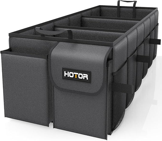 HOTOR Foldable Trunk Organizer - SUV & Sedan Compatible, 3 Compartment, Black, 31.9"×12.6"×10.6" Sturdy Car Organization for Accessories, Tools, Sundries