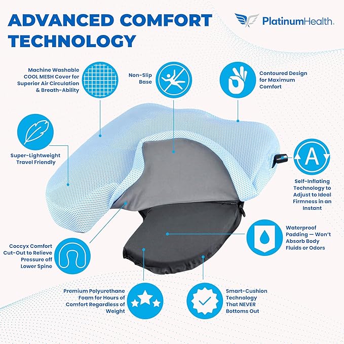 Air-Logic Smart-Cushion Premium Seat Cushion. User Adjustable Comfort. Never Bottoms Out. Self-Inflating Air/Foam Technology. Coccyx Cutout, Relieves Sciatica, Back/Tailbone Pain. Free Carry Bag (1)