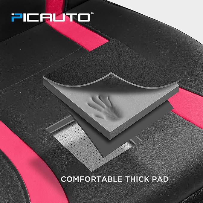 PIC AUTO Leather Car Seat Covers, Premium Automotive Waterproof Two Front Bucket Car Seat Protectors, Black and Hot Pink PVC Patchwork, Fits for Cars, Trucks, Van, SUV, Airbag Compatible