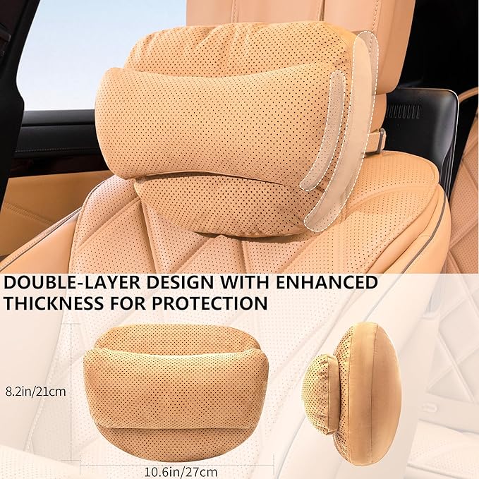 2 Pack Car Neck Pillow, uede Car Headrest Pillow for Neck Support with Adjustable Strap, Universal Fit Cars SUVs Sedan Home Office (Palomino Brown)