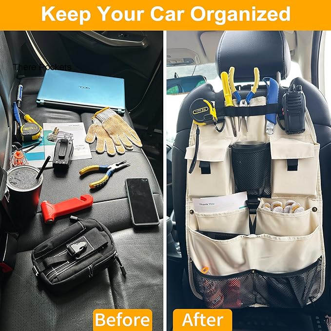 Car Seat Back Organizer with Multiple Storage Pockets, Black Mesh and Fabric, Universal Fit (beige)