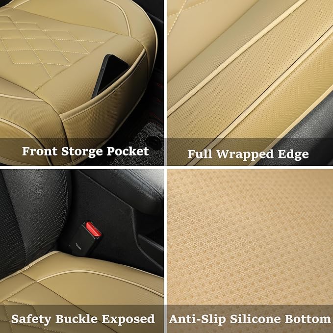 JOJOBAY 2pack Leather Car Seat Cover,Bottom Seat Covers for Cars,Front Seat Protector,Fit for 95% of Vehicles - Padded,Anti-Slip,Premium Leather(2 PCS,Beige)