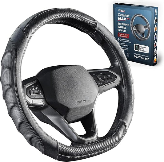 Carbon Fiber D Shaped Steering Wheel Cover – Universal 15 Inch (14.5-15″) Flat Bottom Steering Wheel Cover – Non Slip Leather Grip with Gel Comfort Padding – Sporty Design for Cars, SUVs & Trucks