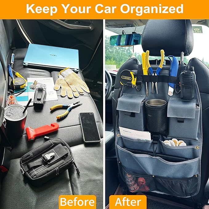 Car Seat Back Organizer with Multiple Storage Pockets, Black Mesh and Fabric, Universal Fit (grey)