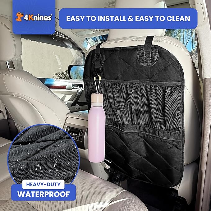 4Knines Car Seat Back Organizer – Heavy-Duty Kick Mat w/Mesh Storage Pockets, Bottle Hook – UV-Resistant Hardware – Waterproof Backseat Organizer for Kids & Pets – Fits SUVs, Trucks, Cars – Black
