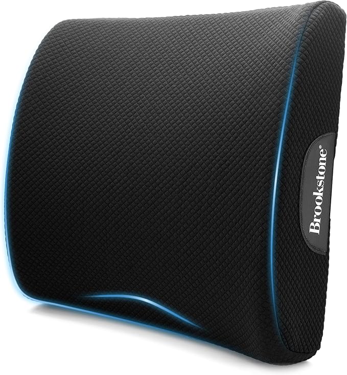 Brookstone BK1209 - Luxurious Lumbar Support Pillow for Car or Office Chair, Back Cushion with Premium Grade Memory Foam, Breathable and Washable Cover, Adjustable Strap