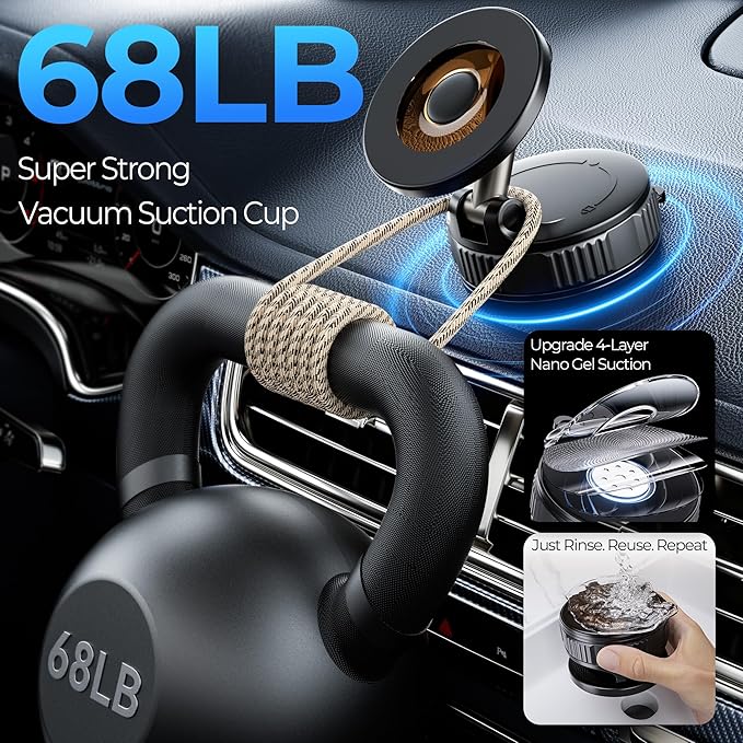 Vacuum Magnetic Suction Phone Holder, 360° Adjustable Suction Cup Phone Mount for Car/Gym/Mirror/Shower, Hands-Free Car Phone Holder, Compatible with iPhone Android and All Smartphones