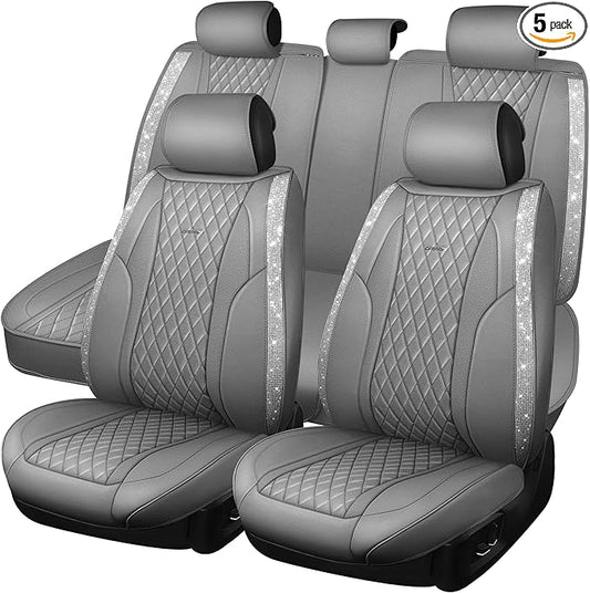 CAR PASS Gray Leather Bling Car Seat Covers Full Set, Luxury Microfiber Nappa PU Cushioned, Waterproof Anti-Slip Universal Fit for Auto SUV Sedan Sparkly Glitter Shining Rhinestone, Gray Diamond