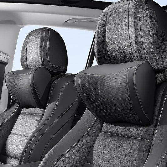 Car Headrest Pillow 100% Memory Foam, Breathable Removable Leather Cover, Premium Seat Support Head Neck Cushion for Driving Travel Home Office, Black, 2 Pack