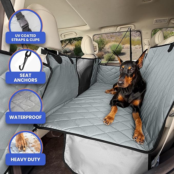 4Knines Hard Bottom Back Seat Extender for Dogs – Waterproof Dog Car Seat Cover – Heavy Duty Backseat Protector for Cars, SUVs, Trucks – Built-in EZ Open Door Protector (Patent Pending) Grey, Regular