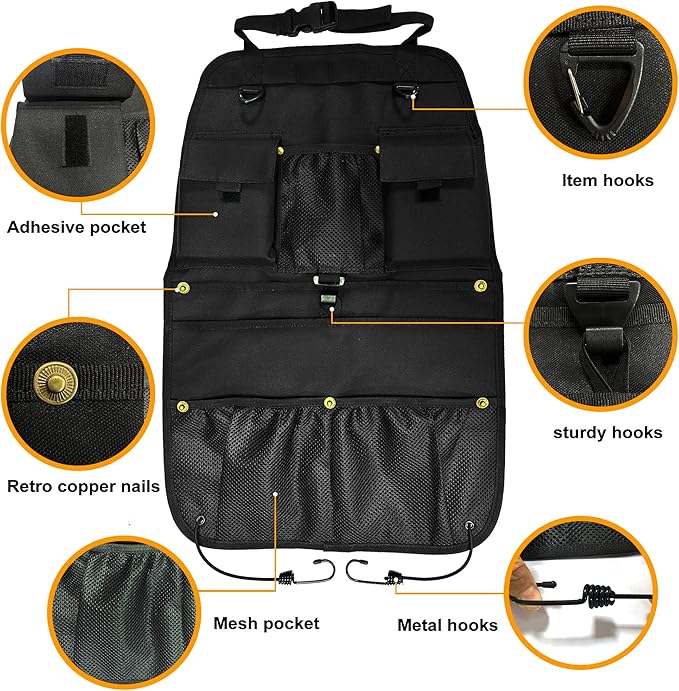 Car Seat Back Organizer with Multiple Storage Pockets, Black Mesh and Fabric, Universal Fit