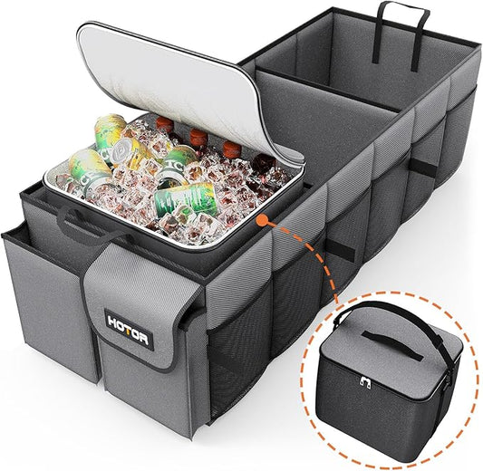 HOTOR Trunk Organizer, Sturdy Foldable with Cooler for Car & SUV, 3 Compartments, Grey, 30.90”×12.60”×10.63”