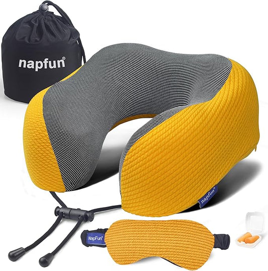 napfun Neck Pillow for Traveling, Upgraded Travel Neck Pillow for Airplane 100% Pure Memory Foam Travel Pillow for Flight Headrest Sleep, Portable Plane Accessories, Yellow Set