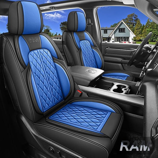 Car Seat Cover Custom Fit for Dodge Ram 1500 2500 3500 2002-2026 Faux Leather Seat Cover Set Compatible with Crew Quad Regular Cab Pickup Truck Cushions (Black & Blue, Front Seat)