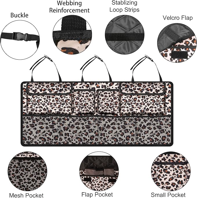 Femuar Car Trunk Organizer,Large Capacity Backseat Trunk Organizer(42"*18"),Collapsible Car Storage Bag with 8 Pocekt,Car Organizer for SUV/MPV/Truck - Leopard print