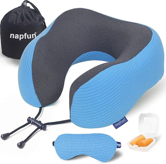 napfun Neck Pillow for Traveling, Upgraded Travel Pillow for Airplane 100% Pure Memory Foam Flight Pillow for Headrest Sleep, Travel Essentials, Luxury Sets (Optional), Striped Sky Blue Set