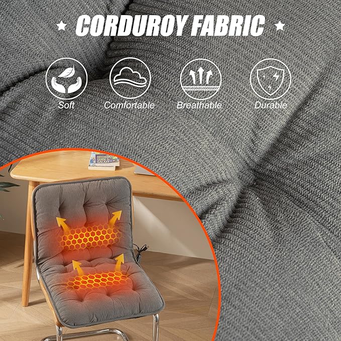 Suchtale Plug-in Heated Seat Cushion, Corduroy Heating Chair Pad with 3 Heat Levels & Timer, Fast-Heating 5V2A Input, Soft Thick Padding for Office, Home & Indoor Seating – Grey