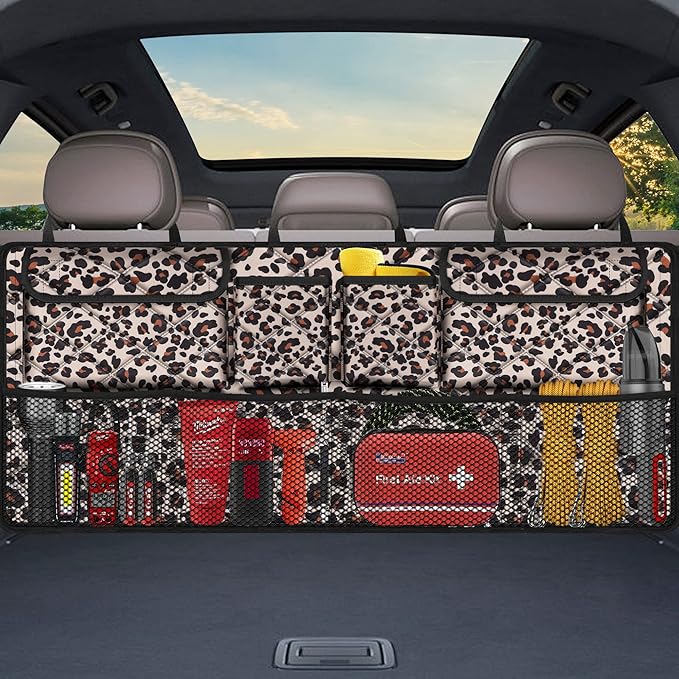 Femuar Car Trunk Organizer,Large Capacity Backseat Trunk Organizer(42"*18"),Collapsible Car Storage Bag with 8 Pocekt,Car Organizer for SUV/MPV/Truck - Leopard print