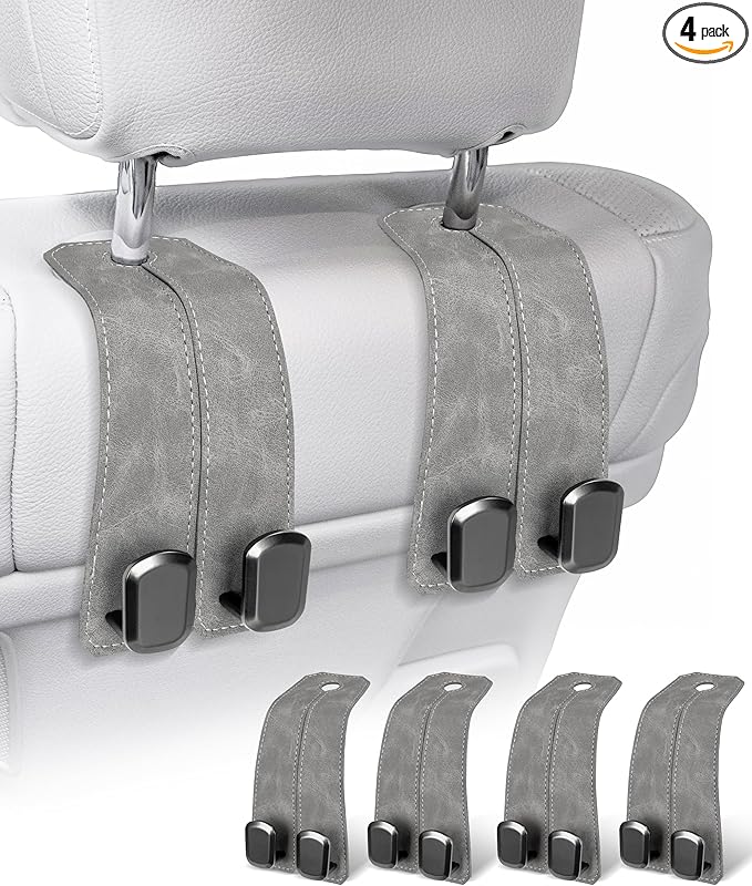 Car Purse Holder - Luxurious Leather, 4PCS Headrest Hooks with 100% Metal Hangers for Seat, Multifunctional Car Bag Hooks, Grey