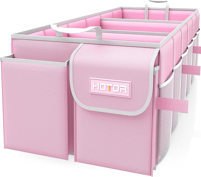 HOTOR Trunk Organizer for suv - Car Organizer, Foldable Trunk organizer for SUVs & Sedans, Sturdy Car Organization for Car Accessories, Tools, Sundries, Pink, 3 Compartments, 31.9"×12.6"×10.6"