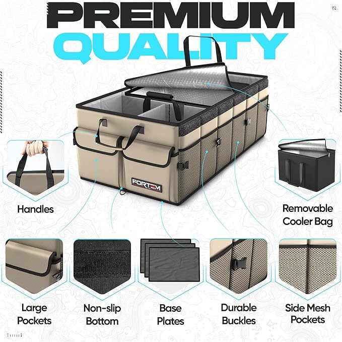 FORTEM Trunk Organizer with Cooler For SUV Car Trunk, Foldable Storage, Car Accessories for Women Men, Collapsible Bag, Perfect Christmas Gifts, 600D Oxford, Non Slip Bottom, Straps, Soft Cover (105L)