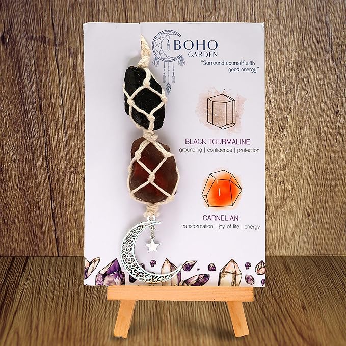 BOHO GARDEN Hanging Car Charm - Black Tourmaline & Carnelian - Dangling Moon, Healing Crystal Accessories, Rearview Mirror Decorations - Grounding, Confidence, Protection, Transformation, Joy, Energy