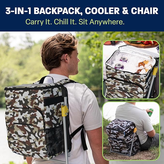 Insulated Backpack Cooler with Foldable Seat - 40 Cans, 24 Hour Cooling, Breathable Straps, Lightweight Leak Proof Liner, Portable Cooler Backpack Bag for Men Women Beach Travel Camping Picnic Hiking