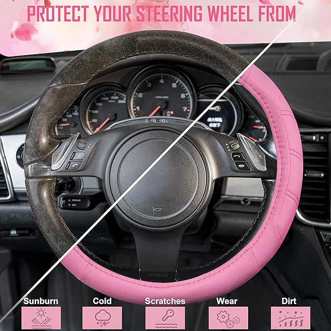 CAR PASS Line Rider Microfiber Leather Sporty 14.5-15 inch Car Steering Wheel Cover Universal Fits for 95% Cars Sedans SUV Trucks, Anti-Slip Safety Comfortable Design (Pure Pink)