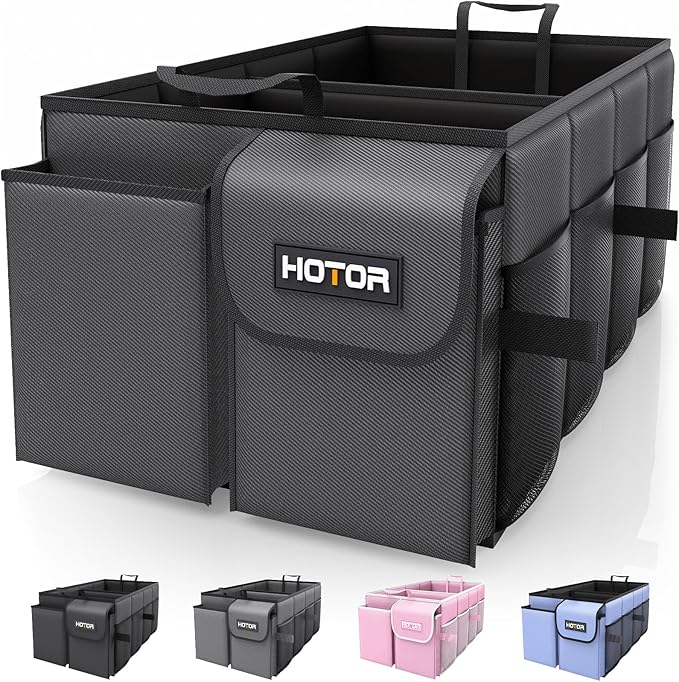 HOTOR Foldable Trunk Organizer - SUVs & Sedans, Sturdy Car Organization With 2 Compartments, Black, 23.6"×14.2"×10.6"