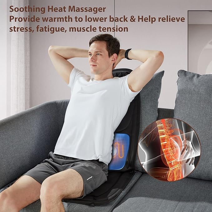 Back Massager with Heat, Massage Seat Cushion with 3D Back Support, 8 Vibrating Motors Massager Chair Pad for Full Body Pain Relief, Ideal Gift for Valentine's Day/Lover/Parents/Friends