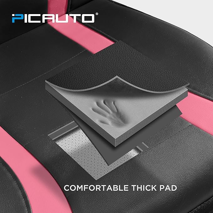 PIC AUTO Leather Car Seat Covers, Premium Automotive Waterproof Two Front Bucket Car Seat Protectors, Black and Pink PVC Patchwork, Fits for Cars, Trucks, Van, SUV, Airbag Compatible