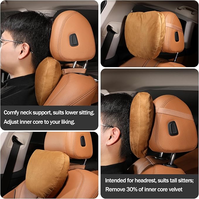 2pcs Car Neck Pillow for headrests,Support Drive Seats Head Cushion Pillows,Superfiber Suede,Plant-Based Polyester,Thickness & Height Adjustable,11.8x7.5,Inner Liner fillable(deep Coffee)