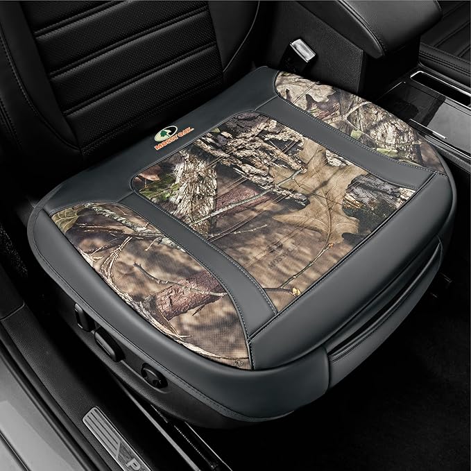 Mossy Oak Car Seat Cover, Luxury Faux Leather Front Bottom Seat Cushion Cover, Universal Anti-Slip with Wrap-Around Design and Storage Bags, Suitable for Most Vehicles - Gray Color 1 Piece